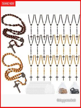 36 Pack Wooden Rosary Necklaces Bulk Set with Metal Cross and Prayer Cards